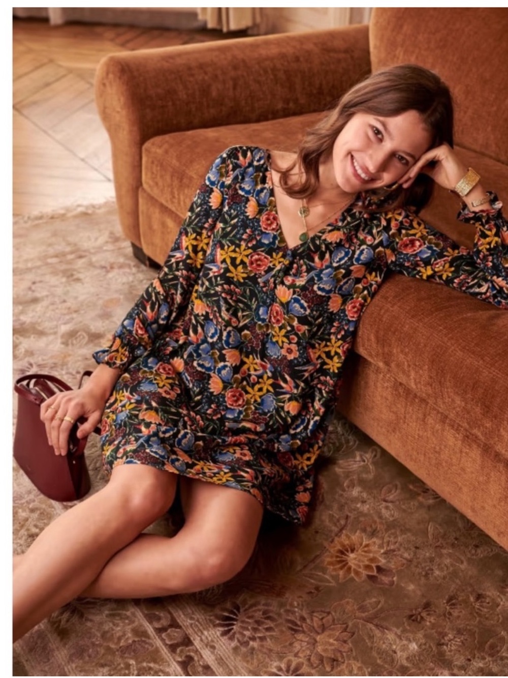 Sezane Black Floral V-Neck Long-Sleeve Mini Dress